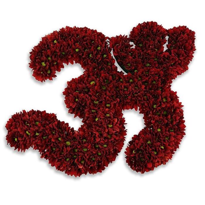 A striking, meticulously assembled floral number '33' composed entirely of hundreds of small button chrysanthemums in a deep, velvety burgundy-red. Each numeral - the two graceful '3's - is formed from blooms packed so closely they create a plush, almost textile-like surface, the petals folding inward to give a sensation of warmth and density. Tiny green centres peek through between the blooms, like whispered highlights that animate the mass of red and enhance the organic texture. The composition rests on a clean white backdrop, and a soft, diffused grey shadow beneath suggests the numbers sit slightly raised, creating depth and a gentle sense of buoyancy. The overall effect is celebratory yet refined: this could mark a 33rd birthday, an anniversary, the number on a team jersey laid as a tribute, or a dignified memorial display. As a local arrangement crafted for Abbey Wood occasions, it carries an artisan's sensibility - perfect for presentation at community halls near Lesnes Abbey Woods, for display at a Riverside celebration by Thamesmead, or as a commemorative piece delivered from Florist Abbey Wood to a neighbour in need. You can almost sense the faint, green-tinged scent of fresh chrysanthemums and the careful hand that placed each bloom to maintain consistent curves and balanced negative space. The workmanship is deliberate and reassuring, the colour chosen to read powerfully in photographs and in person, and the tactile density of the flowers invites both close inspection and contemplative viewing.
