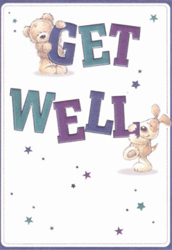 Invoking the lightness and comfort of a heartfelt gesture, this illustrated get well card breathes optimism into every detail. At its heart, a cuddly teddy bear clings to the top of a vibrant 'GET,' while below, a spirited puppy snuggles comfortably against the bold 'WELL.' Their round, inviting forms are complemented by expressive eyes and easy smiles, instilling the artwork with a caring vibrancy that mirrors the gentle pace of Abbey Wood's green spaces. Deep violets and teals shape the lively letters, while scattered stars nearby evoke hope and the possibility of brighter days. The background's crisp white tone feels fresh-reminiscent of a newly spruced bouquet delivered on a sunny Abbey Wood morning. As a florist serving the neighbourhood, I see the same attention to detail in these illustrations as I do when crafting arrangements to comfort homes near Lesnes Abbey Park. The overall impression is one of tactile warmth, like soft petals and gentle hands-a sincere wish for recovery, community, and a soothing touch only found in gifts borne of genuine local care.